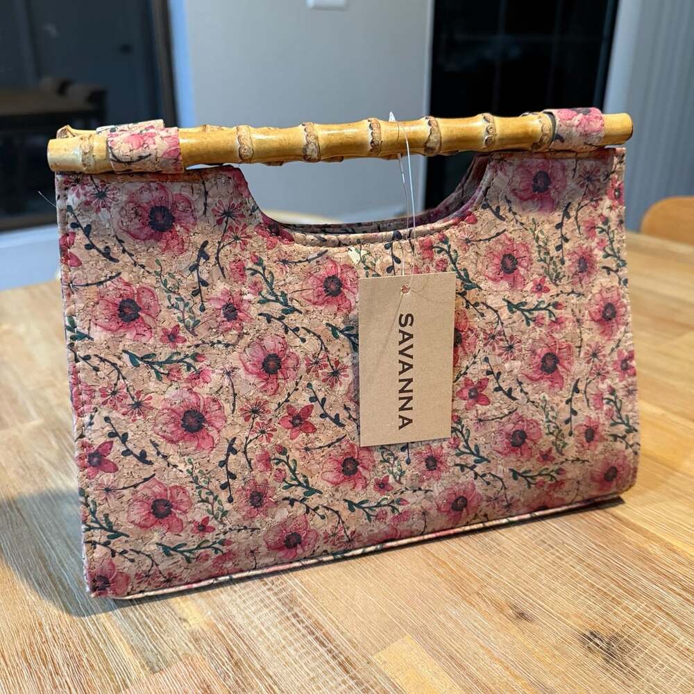 Savanna Cork Satchel Handbag Floral Printed Pink Poppies Real Bamboo Top Handle